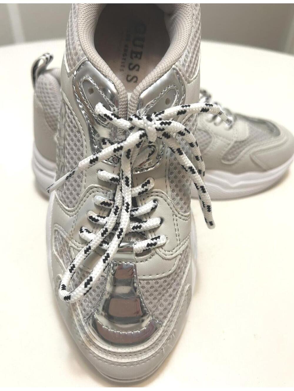 GUESS Chunky Sneakers Silver Metallic Accent White Size 5.5 Like New